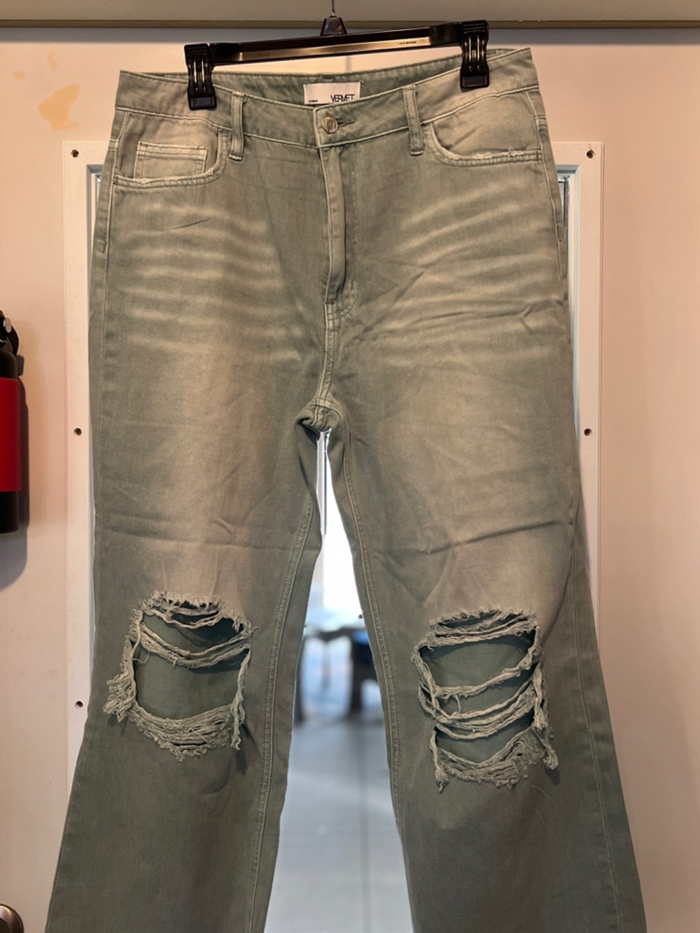VERVET Women’s Boyfriend Jeans - Sage Green Distressed
